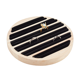 6-Slot Wood Finger Ring Display Plate, Ring Organizer Holder Covered by Velvet, Flat Round, Black, 15x1.8cm