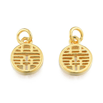 Brass Charms, with Jump Rings, Nickel Free, Flat Round with Chinese Character, Real 14K Gold Plated, 13.5x10x2mm, Jump Ring: 5x1mm, 3mm inner diameter