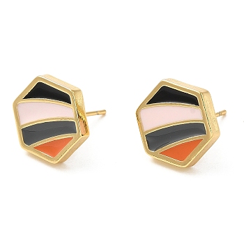 Rack Plating Brass Hexagon Stud Earrings with Enamel, Lead Free & Cadmium Free, Real 18K Gold Plated, 13.5x12mm