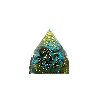 Chakra Pattern Orgonite Pyramid Resin Display Decorations, with Brass Findings and Synthetic Turquoise Chips Inside, for Home Office Desk, 30.5x30.5x29.5mm