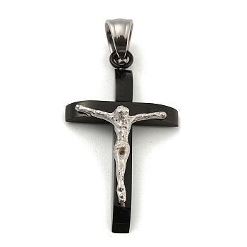 Ion Plating(IP) 304 Stainless Steel Pendants, Cross with Jesus, Gunmetal & Stainless Steel Color, 33x18.5x7mm, Hole: 6x5.5mm