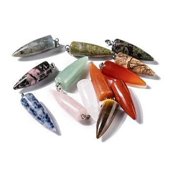 Natural Mixed Gemstone Pendants, with Platinum Brass Findings, Bullet, 32~35x10~11mm, Hole: 7X3mm
