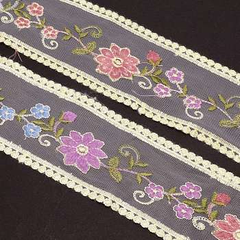 Embroidery Polyester Lace Trim, for Sewing Decoration Craft, Flower, Colorful, 3-1/2 inch(90mm), 10 yard/bundle