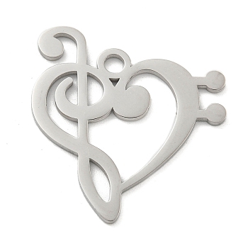 304 Stainless Steel Pendants, Laser Cut, Heart with Music Note Charm, Stainless Steel Color, 30.5x28x1mm, Hole: 2.5mm