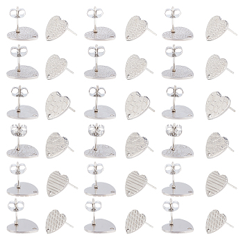 36Pcs 6 Style 304 Stainless Steel Stud Earring Findings, with Ear Nuts/Earring Backs and Hole, Heart Shape with Textured, Stainless Steel Color, 12x13x1mm, Pin: 0.8mm, 6pcs/style