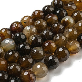 Faceted Natural Banded Agate Beads Strands, Round, Dyed & Heated, Dark Goldenrod, 12mm, Hole: 1.6mm, about 31pcs/strand, 14.76''(37.5cm)