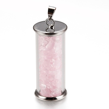 Alloy & Glass Wish Bottle Pendants, with Natural Rose Quartz Chips, Platinum, Column, 35x13.5mm, Hole: 4x3.5mm