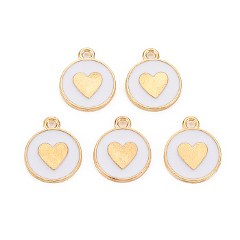 Alloy Enamel Pendants, Cadmium Free & Lead Free, Light Gold, Flat Round with Heart, White, 16x13x2mm, Hole: 1.6mm