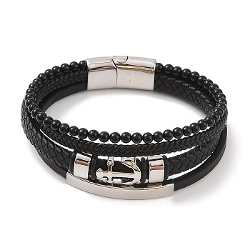 Braided Microfiber Leather Multi-strand Bracelets, 304 Stainless Steel & Black Glass Bracelets for Men, Anchor & Helm, 8-5/8x1-1/8 inch(22x2.7cm)