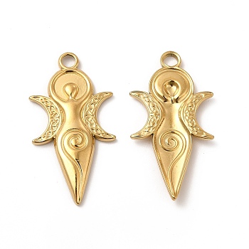 Ion Plating(IP) 304 Stainless Steel Pendants, Moon Goddess Charms, Real 18K Gold Plated, 31x16x2mm, Hole: 2.5mm