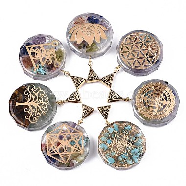 Antique Golden Mixed Color Flat Round Brass+Resin Pendants