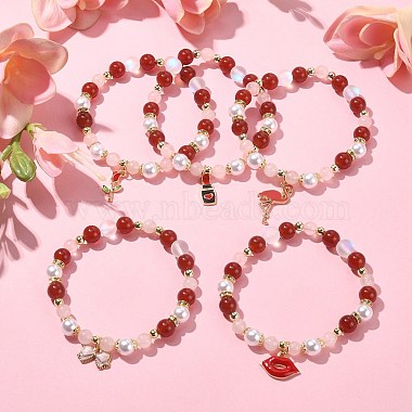 Natural & Synthetic Mixed Gemstone Round Beaded Stretch Bracelet(BJEW-JB09588)-5