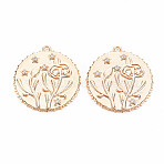Brass Micro Pave Clear Cubic Zirconia Pendants, Birth Floral Charms, Nickel Free, Flat Round, Real 18K Gold Plated, Flower Pattern, 23x21x2mm, Hole: 1.5mm(KK-S364-189)