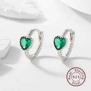 Cubic Zirconia Heart Hoop Earrings, 925 Sterling Silver Earrings, with S925 Stamp, Medium Sea Green, 12mm(AX2868-2)