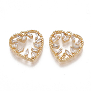 Brass Cubic Zirconia Charms, Nickel Free, Real 18K Gold Plated, Heart, Clear, 12.5x12x3mm, Hole: 1mm(KK-T038-392G)