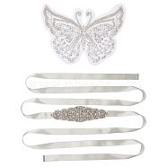 1Pc 3D Butterfly Polyester Computerized Embroidery Appliques for Wedding Dress, and 1Pc Bridal Belt, Mixed Color, Applique: 160x225x4mm, Belt: 2675x20~50x0.2~4mm(DIY-GF0006-64)