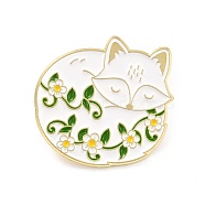 Fox with Flower Enamel Pin, Animal Alloy Enamel Brooch for Backpack Clothes, Golden, Green, 26x26x9.5mm, Pin: 1mm(JEWB-O007-C04)