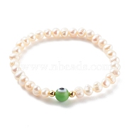 Natural Pearl Stretch Beaded Bracelets, with Round Evil Eye Lampwork Beads and Brass Beads, Real 18K Gold Plated, Lime, Inner Diameter: 2-1/8 inch(5.5cm)(BJEW-JB06163-03)