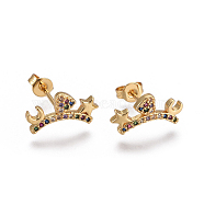 Brass Micro Pave Cubic Zirconia Stud Earrings, with Brass Ear Nuts, Heart with Star and Moon, Colorful, Golden, 7.5x14.5~15mm, Pin: 0.7mm(X-EJEW-F201-16G)