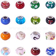 Mixed Styles Handmade Lampwork Glass European Beads, with Brass Double Cores, Large Hole Beads, Rondelle, Platinum, Mixed Color, 14~16x10mm, Hole: 5mm(LPDL-PH0001-03)