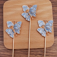 Iron Hair Stick Findings, with Alloy Cornflower Blue Enamel Findings, Double Butterfly, Light Gold, 120x2.5mm(OHAR-PW0001-292B-KCG)