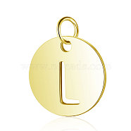 304 Stainless Steel Charms, Flat Round with Letter, Golden, Letter.L, 12x1mm, Hole: 2.5mm(STAS-S105-T514G-L)