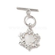 Brass Pave Clear Cubic Zirconia Toggle Clasps, with Natural Shell, Flower, Platinum, Pendant: 20x17.5x3.5mm, Hole: 1.2mm, Bar: 18x3.4x1.6mm, Hole: 0.9mm, Ring: 12x10x1.4mm, Hole: 1mm(KK-M243-09P-01)