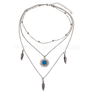Alloy Rhinestone Tiered Necklaces, 3 Layer Necklaces, with Resin and Lobster Claw Clasps, Feather, Antique Silver, 18.11 inch(46cm)(NJEW-L044-04AS)