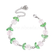 Glass Flower Beaded Bracelets, with 304 Stainless Steel Chains, Stainless Steel Color, 7-3/4 inch(19.7cm)(BJEW-JB09788-02)