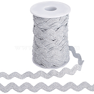 Polyester Wavy Fringe Trim, Wave Bending Lace Ribbon, for Clothes Sewing and Art Craft Decoration, Silver, 3/8 inch(10mm), about 25 yards(OCOR-GF0003-44C-04)