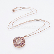 Brass Micro Pave Cubic Zirconia Pendant Necklaces, with Brass Cable Chains, Real Rose Gold Plated, Flat Round with Hamsa Hand/Hand of Fatima/Hand of Miriam, 17.7 inch(45cm)(NJEW-E111-51RG)