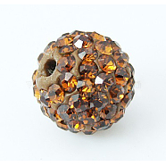 Pave Disco Ball Beads, Polymer Clay Rhinestone Beads, Grade A, Round, Smoked Topaz, PP14(2~2.1mm), 10mm, Hole: 1.0~1.2mm(RB-H258-10MM-220)