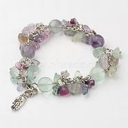 Gemstone Bracelets, with Natural Fluorite Bead, Gravel and Brass Hand, 7-3/4 inch(198mm)(BJEW-JB02642)