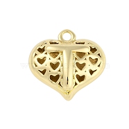 Hollow Brass Pendants for Valentine's Day, Heart with Letter, Real 18K Gold Plated, Letter T, 25x26x13mm, Hole: 2.5mm(KK-M289-03T-G)