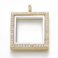 Alloy Magnetic Locket Pendants, with Rhinestone and Glass, Square, Crystal, Golden, 36x29x7mm, Hole: 5mm, Inner Measure: 21x21mm(PALLOY-T052-19G)