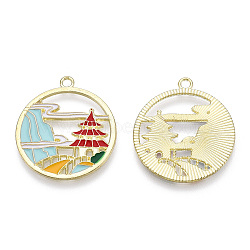 Chinese Style Alloy Pendants, with Enamel, Flat Round, Cadmium Free & Lead Free, Colorful, Light Gold, 30x27x1.5mm, Hole: 1.8mm(RESI-R431-06-RS)