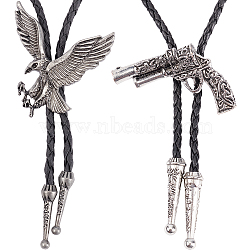 2Pcs 2 Style Gun & Eagle Shape Laria Necklaces for Men Women, Imitation Leather Cord Adjustable Necklaces Set, Black, Antique Silver, 40.94 inch(104cm), 35.43 inch(90cm), 1pc/style(NJEW-GF0001-02)