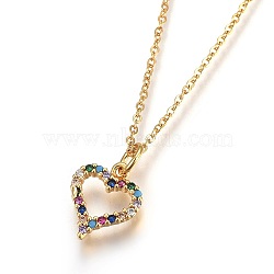 304 Stainless Steel Pendant Necklaces, with Cubic Zirconia, Heart, Colorful, Golden, 17.8 inch(45.5cm), Pendant: 12x10x2mm(X-NJEW-O108-05G)