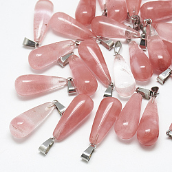 Cherry Quartz Glass Pendants, with Stainless Steel Snap On Bails, teardrop, 28~30x10~12mm, Hole: 6x4mm(X-G-T081-19)