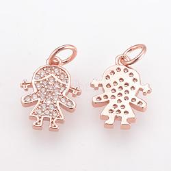 Brass Micro Pave Cubic Zirconia Charms, with Jump Ring, Girl, Rose Gold, 14x10x2mm, Hole: 3mm(ZIRC-Q001-153RG)