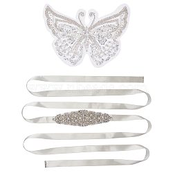 1Pc 3D Butterfly Polyester Computerized Embroidery Appliques for Wedding Dress, and 1Pc Bridal Belt, Mixed Color, Applique: 160x225x4mm, Belt: 2675x20~50x0.2~4mm(DIY-GF0006-64)