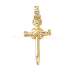 Rack Plating Brass & Cubic Zirconia Pendants, Cadmium Free & Lead Free, Long-Lasting Plated, Cross, with Jump Ring, Real 18K Gold Plated, 35x18x5mm, Hole: 5x7mm(KK-L216-054G-01)