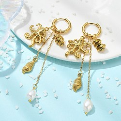 304 Stainless Steel Dangle Earrings, with Natural Cultured Freshwater Pearl Beads, Electroplate Non-magnetic Synthetic Hematite Beads and 202 Stainless Steel Huggie Hoop Earrings, Golden, Octopus, 85x17mm(EJEW-JE07104-01)