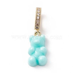 Opaque Resin Pendants, with Golden Tone Brass Crystal Rhinestone Findings, Bear, Pale Turquoise, 34mm, Bear: 19.5x10.5x6.5mm, Hole: 9.5x6mm(RESI-E020-01G-05)