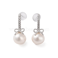 925 Sterling Silver Studs Earring, with Cubic Zirconia & Natural Pearl, Bowknot, Platinum, 20x8.5mm(EJEW-H002-04P)