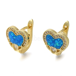 Heart Rack Plating Brass Micro Pave Cubic Zirconia Hoop Earrings, with Synthetic Opal, Cadmium Free & Lead Free, Long-Lasting Plated, Real 18K Gold Plated, 12x11mm(EJEW-P277-07B-G)