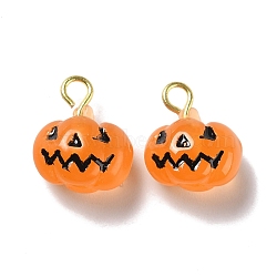 Halloween Pumpkin Opaque Resin Charms, with Light Gold Tone Metal Loops, Pumpkin Jack-O'-Lantern, Orange, 12x10x6mm, Hole: 1.8mm(RESI-B010-02)