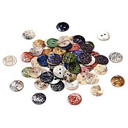 Mother of Pearl Buttons, Akoya Shell Button, Dyed, Flat Round, Mixed Color, 10x1mm, Hole: 1.5mm(SHEL-J001-M05)