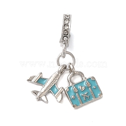 Rack Plating Alloy Crystal Rhinestone European Dangle Charms, Large Hole Airplane & Baggage Pendants with Enamel, Cadmium Free & Nickel Free & Lead Free, Dark Turquoise, 30mm, Hole: 5mm(PALLOY-S189-28P)