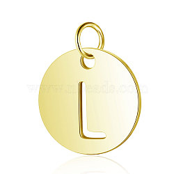 304 Stainless Steel Charms, Flat Round with Letter, Golden, Letter.L, 12x1mm, Hole: 2.5mm(STAS-S105-T514G-L)